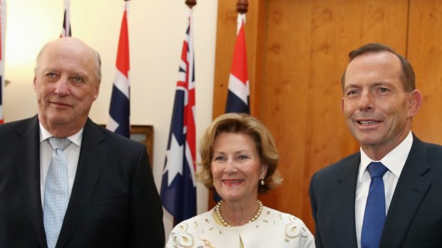 King Harald V And Queen Sonja of Norway meet with Prime Minister Tony Abbott at Parliament House in Canberra on Monday.