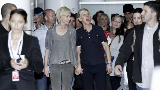 Ellen Degeneres and Portia Di Rossi arrives at Sydney Airport. Friday 22nd March 2013.