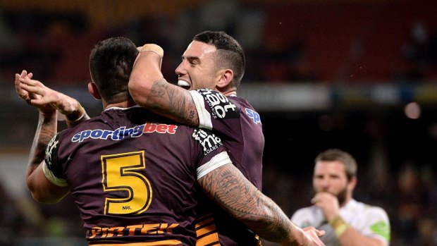 BRISBANE, AUSTRALIA - JUNE 05: Daniel Vidot of the Broncos celebrates with Darius Boyd after scoring a try during the round 13 NRL match between the Brisbane Broncos and the Manly Sea Eagles at Suncorp Stadium on June 5, 2015 in Brisbane, Australia.  (Photo by Bradley Kanaris/Getty Images)