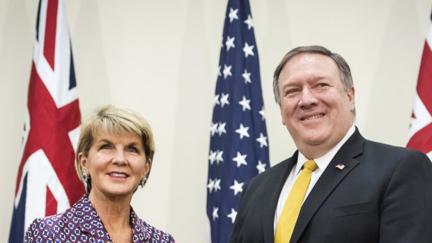 Julie Bishop, left, and Mike Pompeo at a bilateral meeting at the AUSMIN talks at Stanford University.