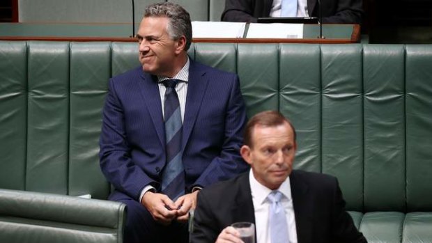 Treasurer Joe Hockey and Prime Minister Tony Abbott arrive for question time. Photo: Alex Ellinghausen