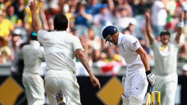 Jonny Bairstow sees his off stump rattled by Mitch Johnson.