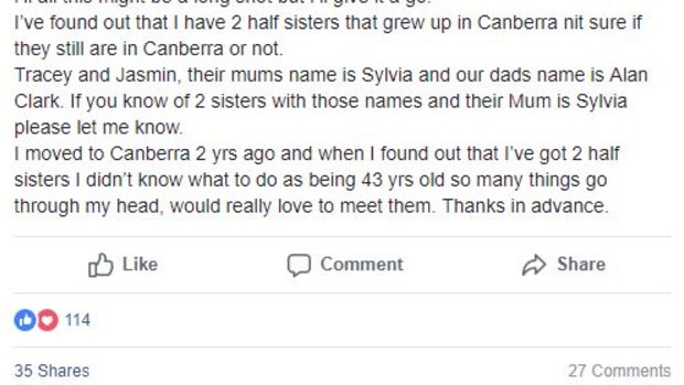 The post Debbie Clark posted to Facebook group, Canberra Notice Board, to try and find her sisters.