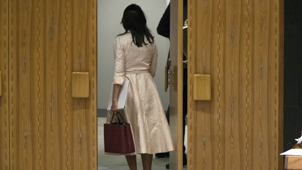 US Ambassador to the United Nations Nikki Haley walks out as Palestinian Ambassador  Riyad Mansour prepares to address a Security Council meeting on the situation on Tuesday.