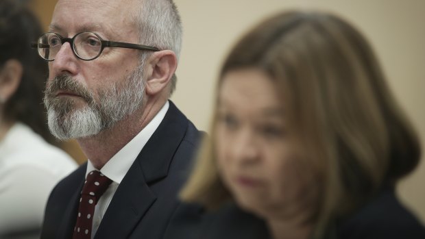 ABC editorial director Alan Sunderland, left, and ABC managing director Michelle Guthrie at Senate Estimates in February.
