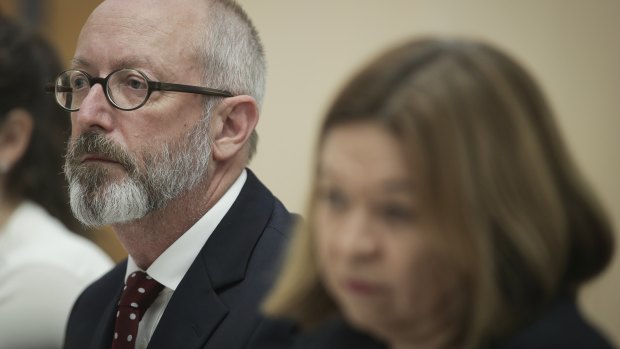 ABC editorial director Alan Sunderland, left, and ABC managing director Michelle Guthrie at Senate Estimates in February.