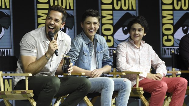 Zachary Levi, from left, Asher Angel and Jack Dylan Grazer speak at the Shazam panel at Comic-Con.