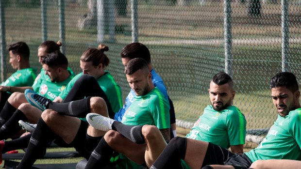 Intense: The Socceroos prepare for another arduous training session in Antalya.