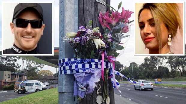 Flowers at the Wantirna South crash scene and, inset, married couple Matt Goland and Bita Zaeim.