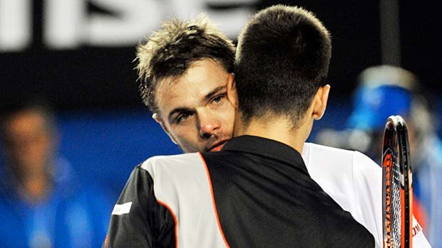Mutual respect ... Stanislas Wawrinka and Novak Djokovic after their four-hour tussle.