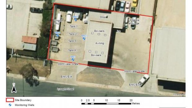 An aerial view of the Mitchell service station, marked in red.