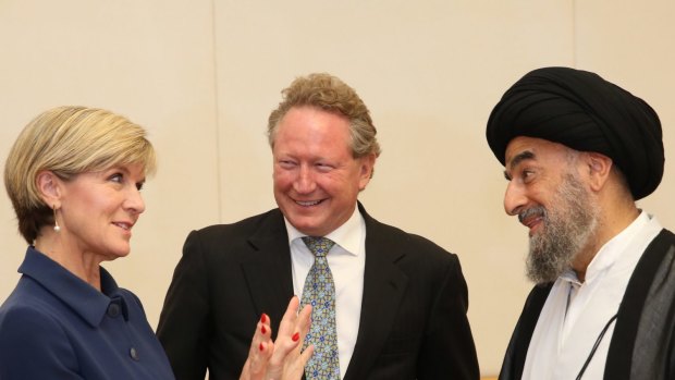 Foreign Affairs Minister Julie Bishop with Grand Ayatollah Sayyid Mohammad Taqi al-Modarresi from Iraq and anti-slavery philanthropist Andrew Forrest on Monday.
