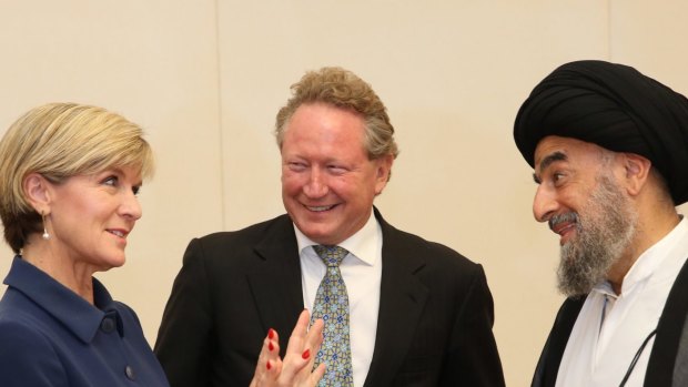 Foreign Affairs Minister Julie Bishop with Grand Ayatollah Sayyid Mohammad Taqi al-Modarresi from Iraq and anti-slavery philanthropist Andrew Forrest on Monday.