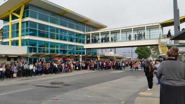 Huge crowds wait for replacement buses at Dandenong Station after the suspension of Cranbourne and Pakenham lines.