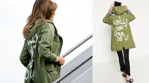Melania Trump wearing the Zara jacket from the 2016 collection with the words 'I Don't Really Care Do U?' on the back.