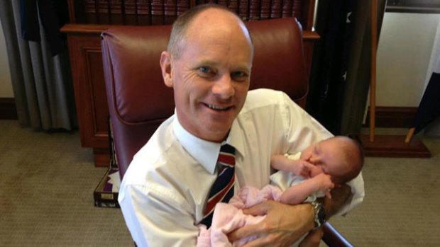 Premier Campbell Newman with baby Alice, the daughter of his chief of staff Ben Myers.