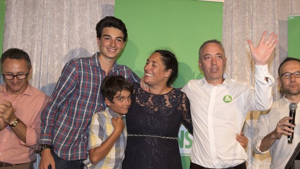 Alex Bhathal with her family and Greens MPs as she concedes defeat in the Batman byelection. 