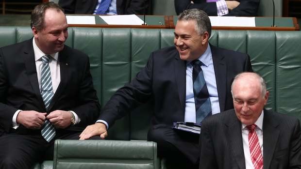 Agriculture Minister Barnaby Joyce, Treasurer Joe Hockey and Acting Prime Minister Warren Truss. Photo: Alex Ellinghausen