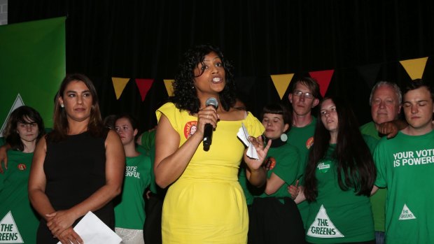 Victorian Greens leader Samantha Ratnam celebrates the party's Northcote byelection win in November.
