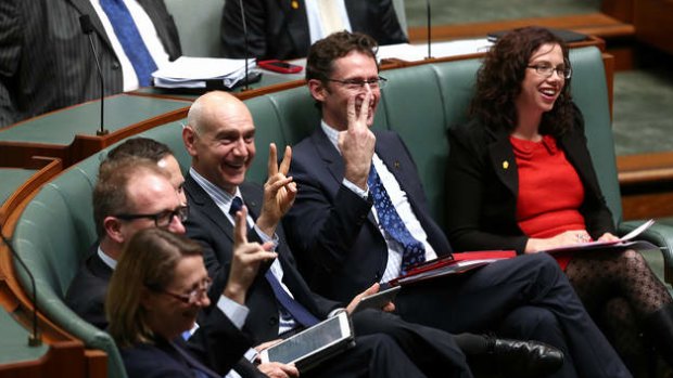 Labor MPs Bernie Ripoll and Stephen Jones during question time. Photo: Alex Ellinghausen