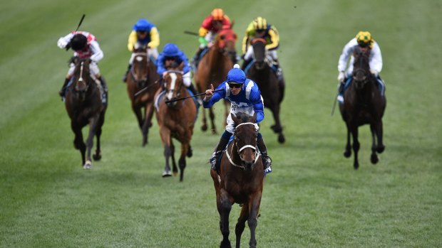 Daylight second: Hugh Bowman rides Winx to win the Cox Plate at Moonee Valley in 2016.
