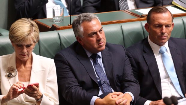 Foreign Minister Julie Bishop, Treasurer Joe Hockey and Prime Minister Tony Abbott in Question Time on Monday.