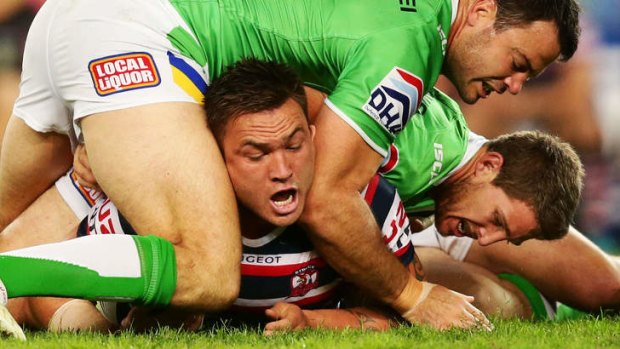 Jared Waerea-Hargreaves of the Roosters is tackled during the round 12 NRL match between the Sydney Roosters and the Canberra Raiders at Allianz Stadium.