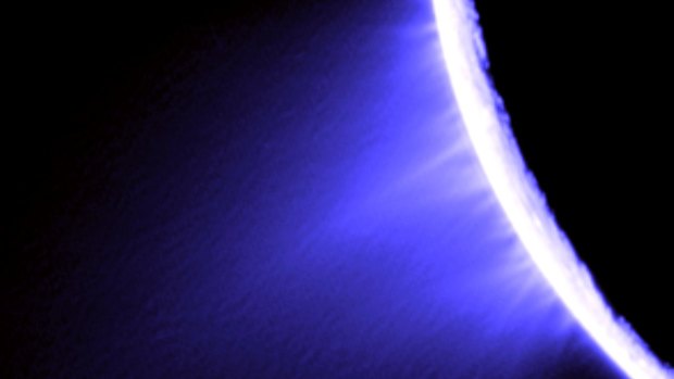 Geyser-like eruptions of ice particles and water vapour shooting out from the south pole of Saturn's moon, Enceladus.  