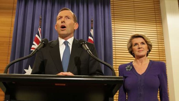 Opposition Leader Tony Abbott and deputy opposition leader Julie Bishop address the media late on Wednesday night.