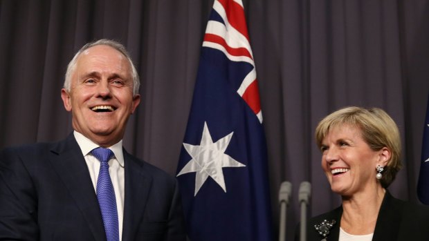 Prime minister elect  Malcolm Turnbull and  Julie Bishop address the media on Monday night.