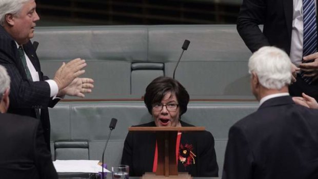 Cathy McGowan independent MP for Indi resumes her seat after she made her maiden speech. Photo: Andrew Meares