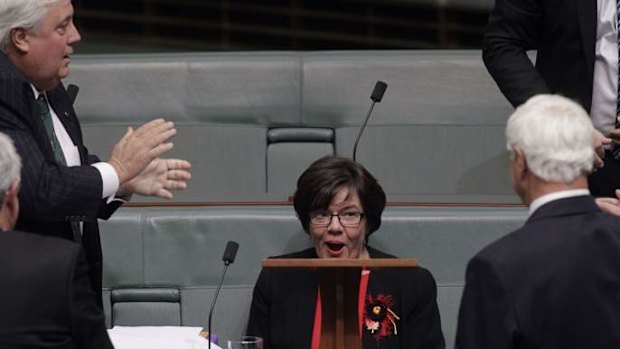 Cathy McGowan independent MP for Indi resumes her seat after she made her maiden speech. Photo: Andrew Meares