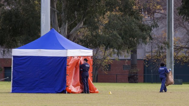 The  woman's body was found on the soccer pitch at Princes Park.