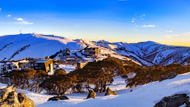 Mount Hotham this morning, bathed in snow and sunlight.