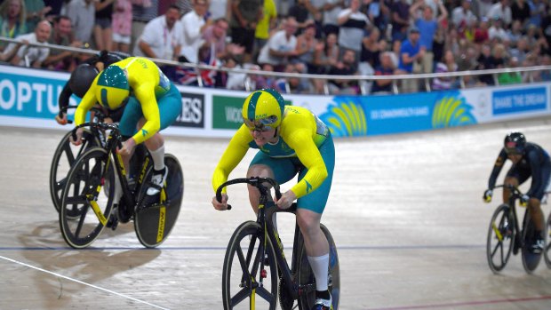 Stephanie Morton powers across the finish line to take Commonwealth Games gold in the women's keirin at the Anna Meares Velodrome on Sunday night.