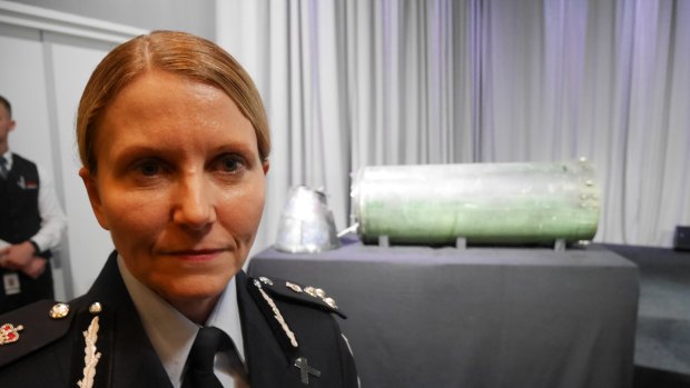 Commander Jennifer Hurst of the Australian Federal Police, with parts of the Russian-made missile that shot down MH17.