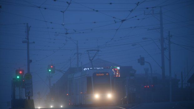 A tram passes through a foggy street in Kew early on Monday morning.