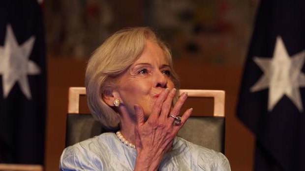 Outgoing Governor-General Dame Quentin Bryce blew a kiss to some Rats of Tobruk who thanked her on a video message during a farewell reception at the Great Hall. Photo: Andrew Meares