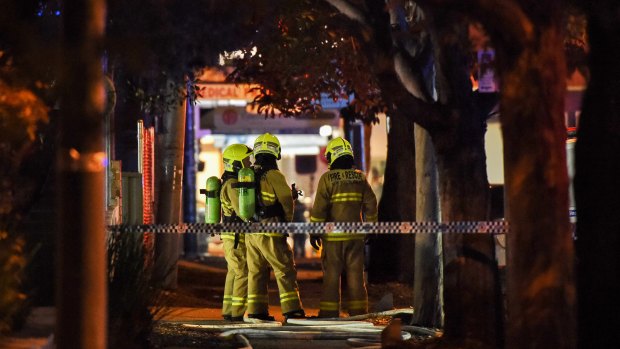 Emergency services at the Merrylands police station the night Zhurawel set himself alight in his vehicle. 