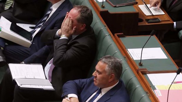 Agriculture Minister Barnaby Joyce and Treasurer Joe Hockey during  question time. Photo: Andrew Meares