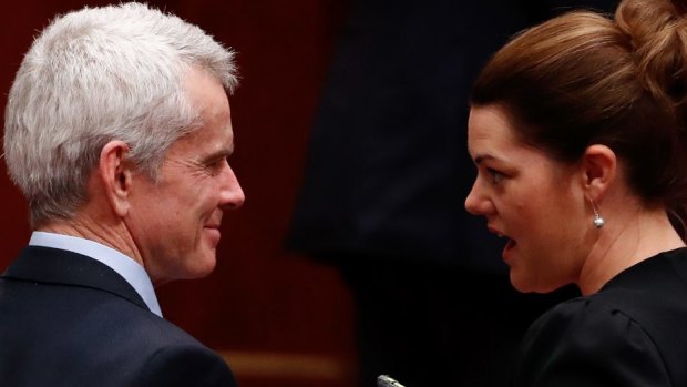 One Nation senator Malcolm Roberts and Greens senator Sarah Hanson-Young after question time on Thursday.