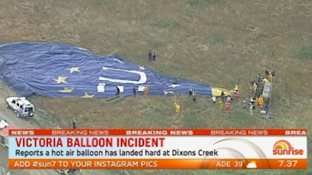 Hot Air Balloon crash Dixons Creek this morning Thursday 8th February 2018 IMAGE GRAB Courtesy Seven News Melbourne. THE AGE NEWS