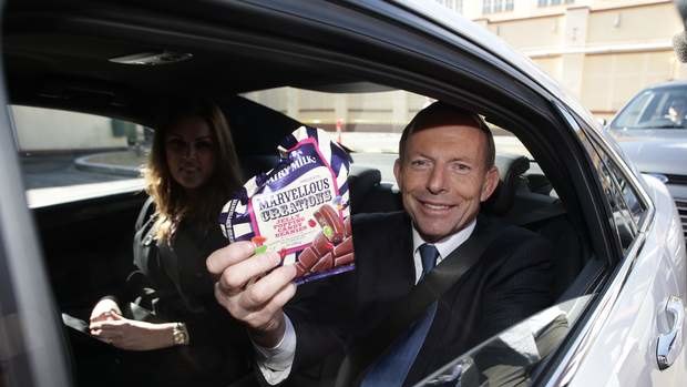 Then Opposition Leader Tony Abbott during his visit to the Cadbury factory in Hobart on August 28 2013. Photo: Alex Ellinghausen