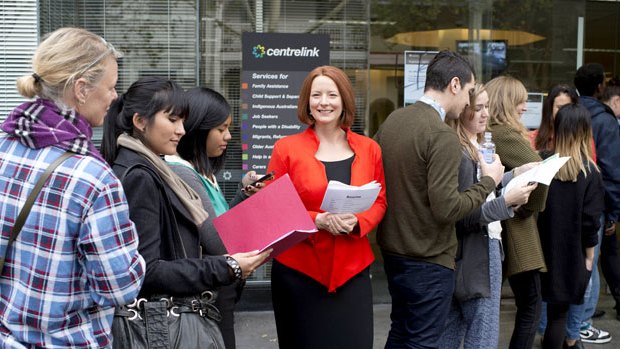 A wax figurine of Julia Gillard placed outside Centrelink in a publicity stunt
