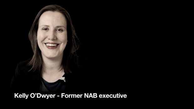 The ad tags Financial Services Minister Kelly O'Dwyer as a former NAB executive.