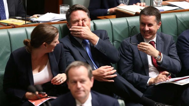 Labor MPs Kate Ellis, Richard Marles and Mark Butler during QT. Photo: Alex Ellinghausen