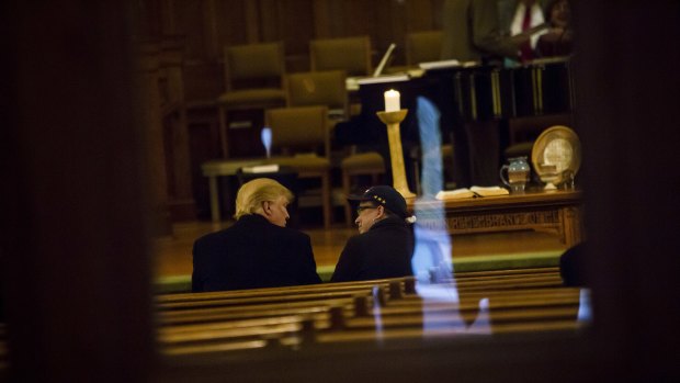 Donald Trump, the candidate, attends a church service at the First Presbyterian Church in Muscatine, Iowa,in 2016.