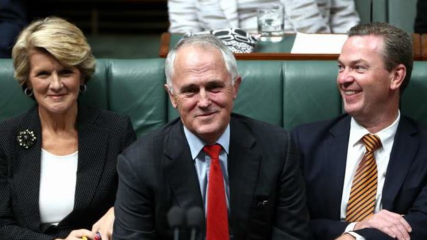 Foreign Affairs Minister Julie Bishop, Communications Minister Malcolm Turnbull and Leader of the House Christopher Pyne during question time. Photo: Alex Ellinghausen