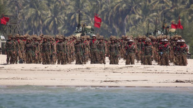 Myanmar soldiers take part in a military exercise. 