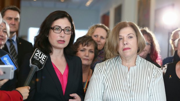 Co-sponsors of the cross-party marriage equality bill, Terri Butler and Teresa Gambaro, in Canberra on Monday.